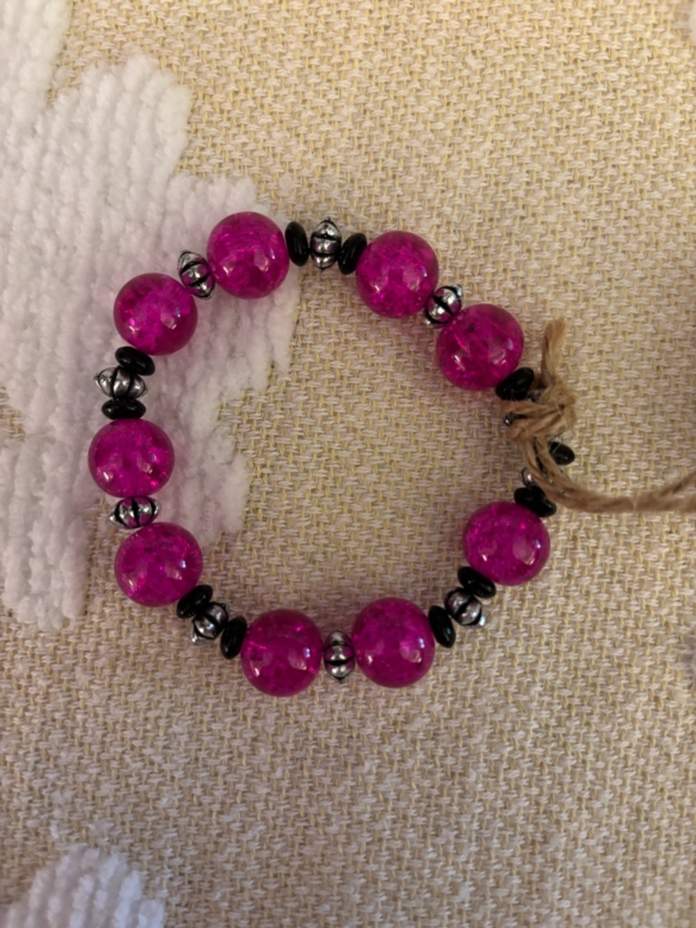 Magenta Beaded Stretch Bracelet with Black & Silver Accents